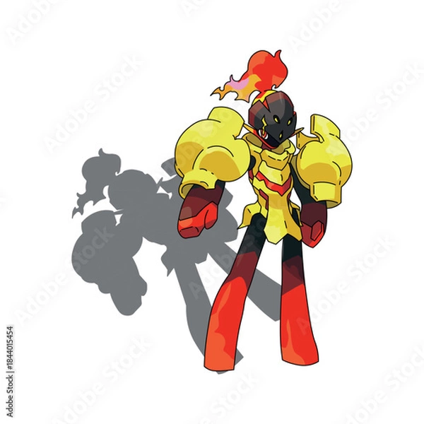 Fototapeta Fiery Armored Mecha Warrior With Yellow Armor Stands Boldly In Red Boots
