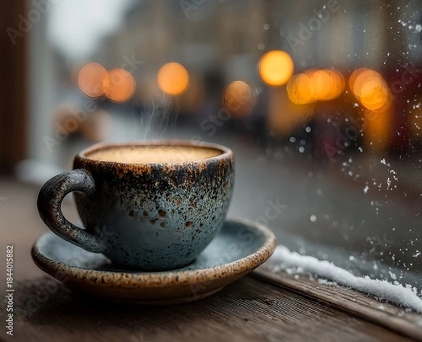 Fototapeta A tranquil winter café scene viewed through the window with a single coffee cup radiating warmth and calm