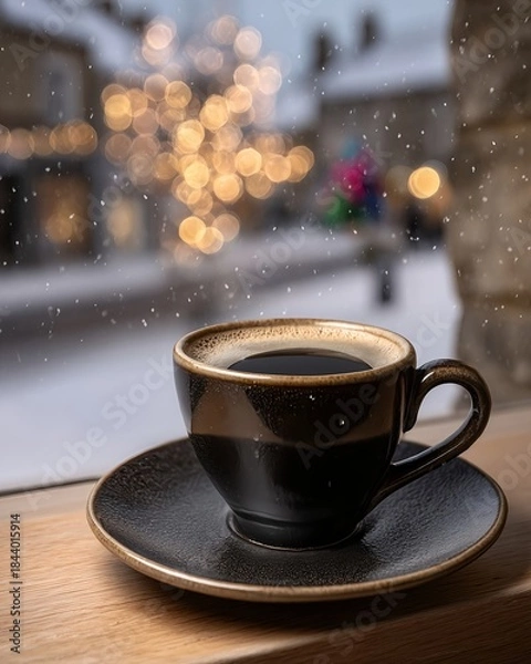 Fototapeta A stylish black coffee cup with rich texture sitting on a windowsill while snowflakes fall gently outside