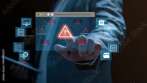 Obraz System warning alert on virtual interface. cybersecurity risk detection , data error business professional touching a glowing digital warning icon in virtual screen environment. data breach, malware