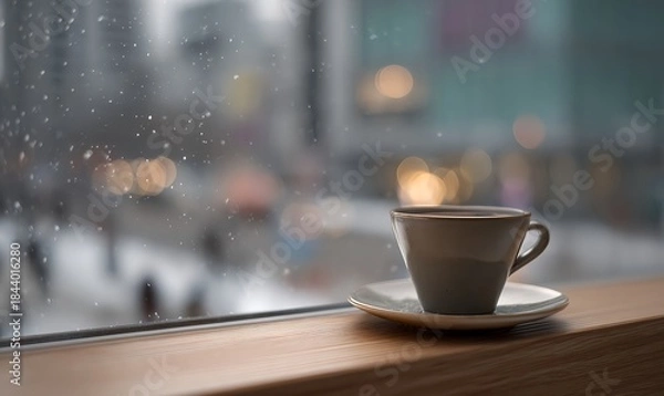 Fototapeta A cozy winter moment with a handmade coffee cup near a frosted window overlooking softly blurred street lights
