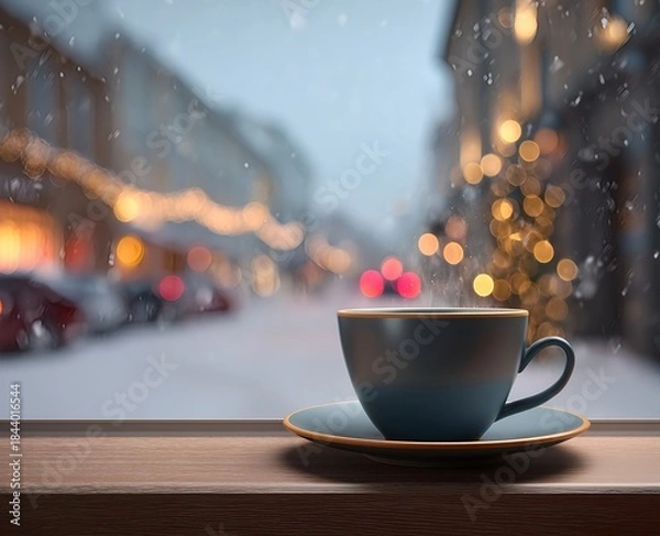 Fototapeta A steaming cup of coffee on a wooden windowsill with soft falling snow and warm glowing city lights outside