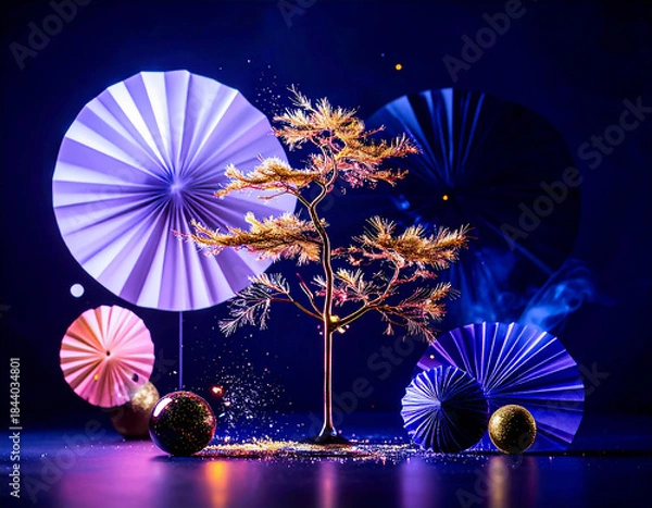 Fototapeta 深い青と紫の光に包まれた空間。メタリックな木とペーパーファンが幻想的な祝祭の夜を彩る