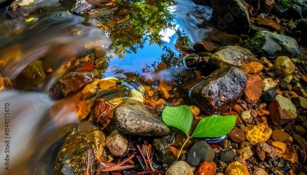 Fototapeta Flowing water through rocks, reflecting tree's foliage and sky