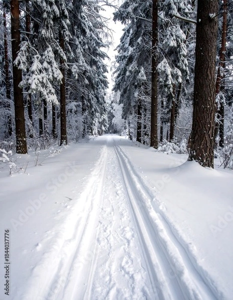 Fototapeta Snowy forest scene with cross-country ski tracks and snow-laden trees
