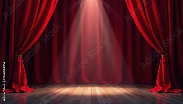 Fototapeta Crimson velvet curtains frame a single spotlight on an empty stage , empty, mystery