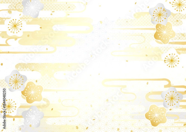 Obraz 金銀の梅の花と日本の伝統模様を組み合わせた着物のような華やかなベクター背景イラスト