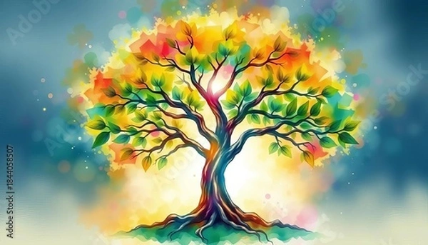 Fototapeta Vibrant watercolor Tree of Life with ethereal glow, symbolizing growth, connection, and spiritual harmony,  hand painted,  nature