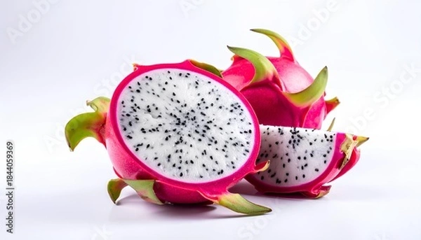 Fototapeta A close-up view of a fresh dragon fruit cut in half, showing vibrant pink skin and white flesh with black seeds. Ideal for tropical fruit concepts, healthy diet visuals, and food-related designs.