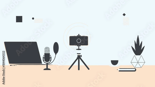 Fototapeta Professional vlogging setup with ring light and microphone