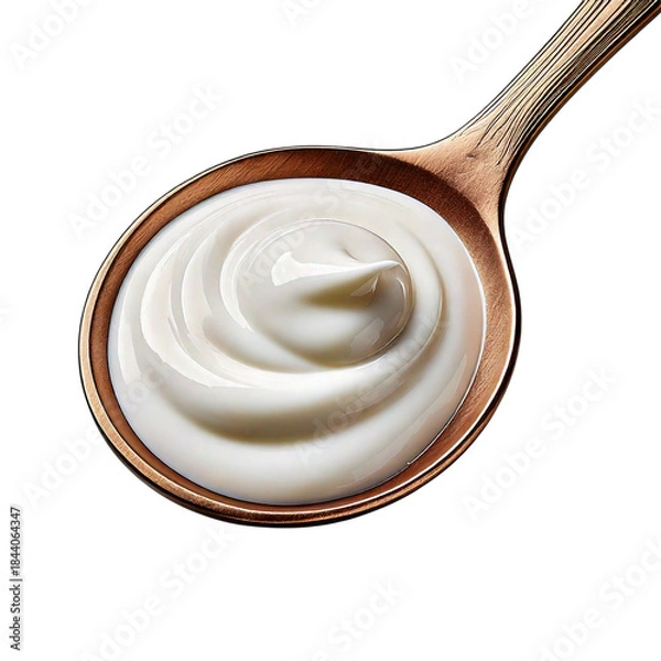 Fototapeta Spoonful of white yogurt on copper spoon
