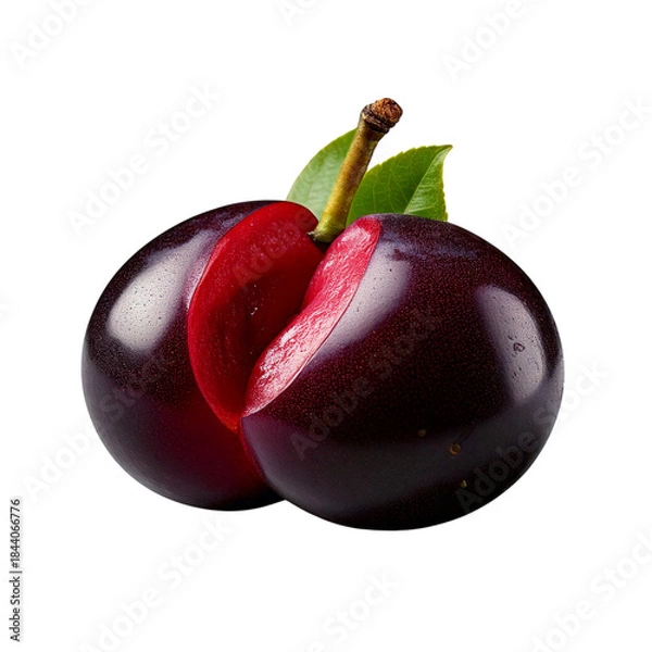 Fototapeta Fresh plum fruit with leaf