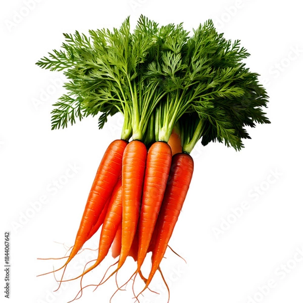 Fototapeta Fresh bunch of carrots with green leaves on white background