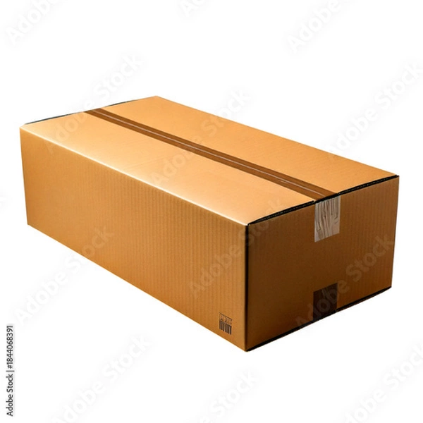 Fototapeta Brown cardboard box with tape and label on white background