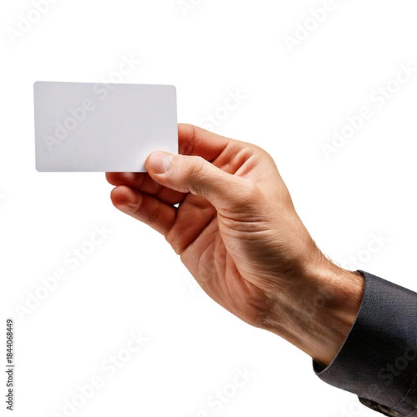 Fototapeta A man in a suit jacket holds up a blank white business card against a dark background