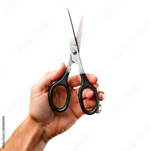 Fototapeta Hand holding sharp black handle scissors