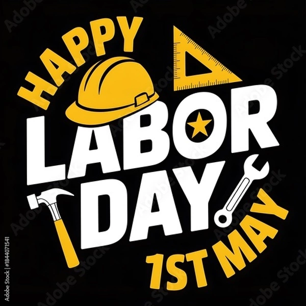 Fototapeta Happy labor day 1st may with tools and hard hat
