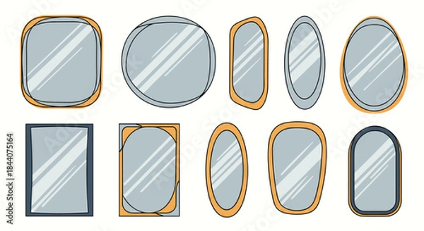 Fototapeta A diverse collection of various shaped mirrors with different frames, illustrating modern and classic designs for home decor.