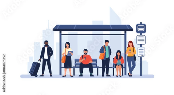 Fototapeta Diverse group of people waiting for public transportation at a modern bus stop in a city setting, some checking phones or carrying luggage.