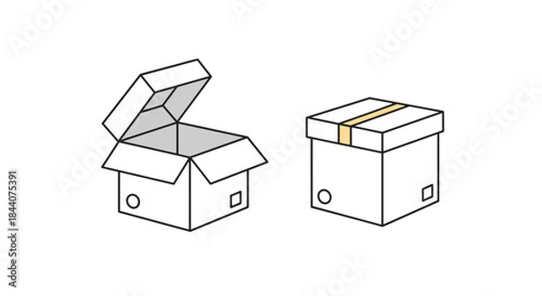 Fototapeta An open cardboard box stands beside a sealed, closed cardboard box, both featuring circular and square cutouts on their sides.