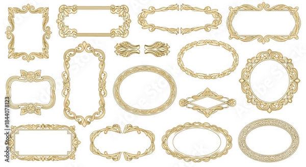 Fototapeta A collection of various ornate golden frames with intricate scrollwork and elegant vintage designs, suitable for antique or luxury themes.