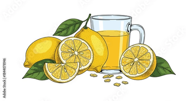 Fototapeta Vibrant hand-drawn illustration featuring fresh whole and sliced lemons, a glass of natural lemon juice, and scattered seeds with green leaves.