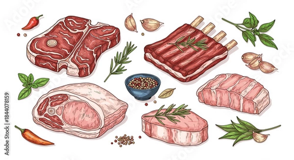 Fototapeta Hand-drawn illustration of various raw meat cuts including beef, pork, and lamb, accompanied by fresh herbs and spices, on a white background.