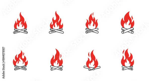 Fototapeta An array of identical simple campfire icons, each featuring vivid red flames atop two crossed logs, presented on a clean white background.