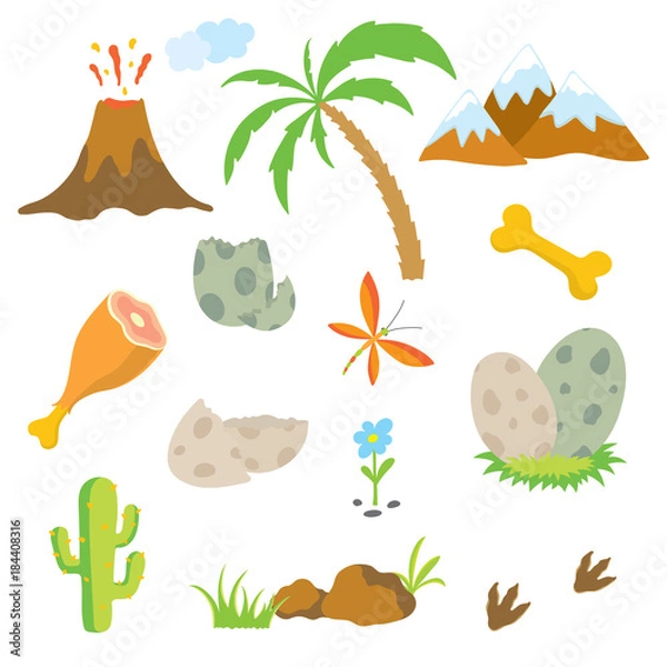 Fototapeta Dinosaur footprint, Volcano, Palm tree, Stones, Bone and Cactus