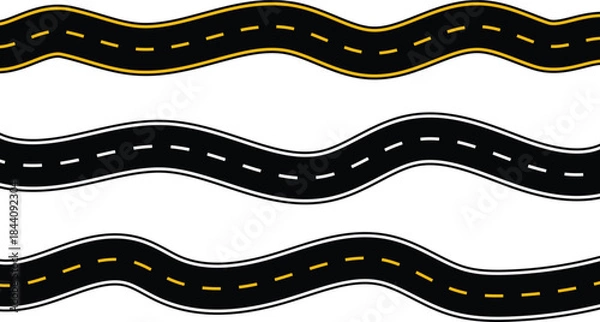 Fototapeta Vector Roads and Paths | Wavy Curved Highways, Horizontal Asphalt Templates | Road Signs & Perspective Illustration.