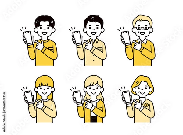 Obraz スマートフォンの画面を指差す、いろいろな年齢のの男女の上半身ベクターイラスト素材セット