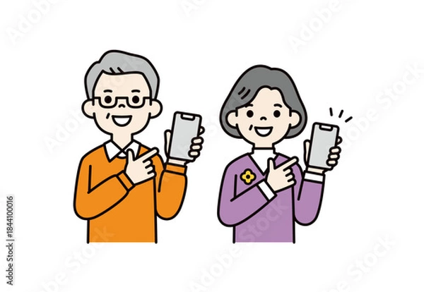 Obraz スマートフォンの画面を指差す、60代・70代の男女の上半身ベクターイラスト素材セット＿カラー