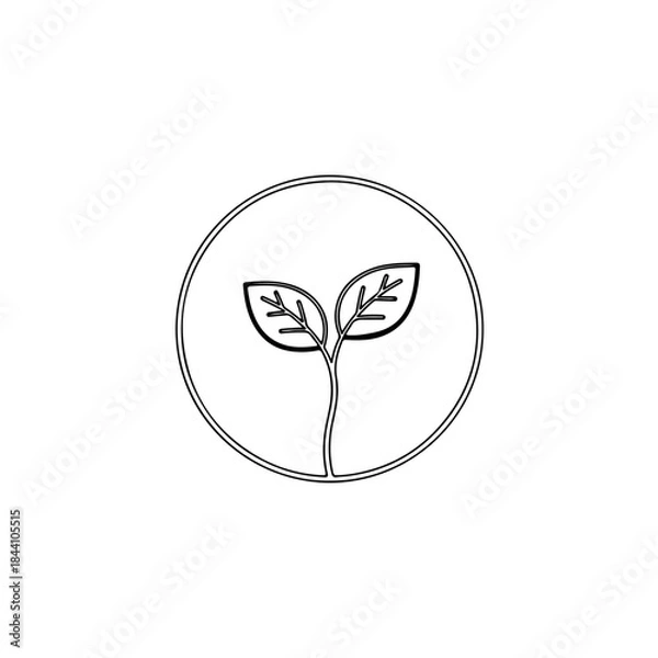 Fototapeta Simple black and white line art icon of a young plant with two leaves inside a circle, representing growth and nature. isolated on transparent background