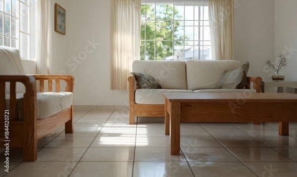 Obraz An interior shot of a modest Central American living room. Clean ceramic tile floor, simple furniture arrangement