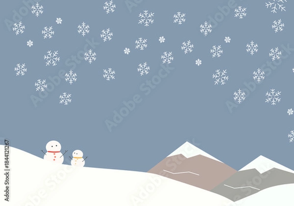Obraz 仲良し雪だるまと雪の結晶　冬の風景背景素材
