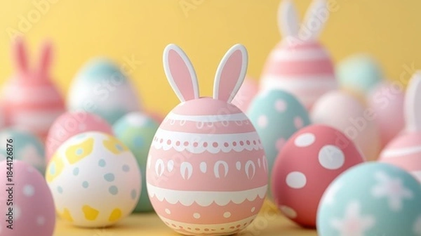 Obraz Colorful easter eggs with bunny ears on yellow background