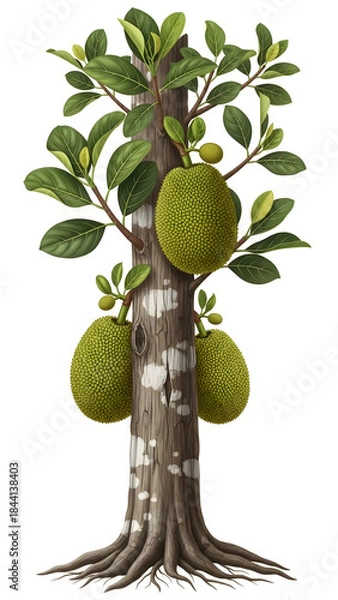 Fototapeta Illustration of a jackfruit tree with large fruit on the trunk