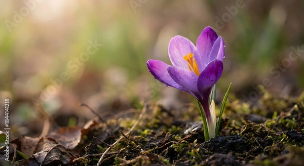 Fototapeta Crocus morado con gotas de rocío