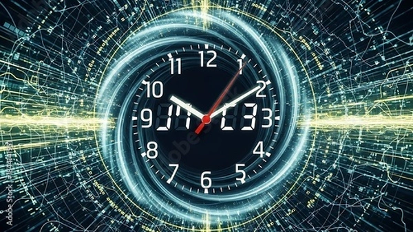 Fototapeta Digital and Analog Clock Face with Abstract Energy Swirl