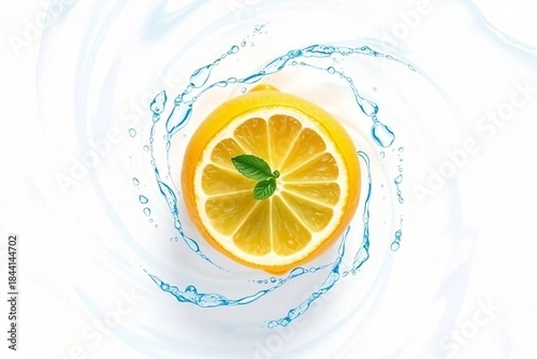 Obraz Fresh lemon slice with water droplets isolated on a white background. Fresh water splash on orange