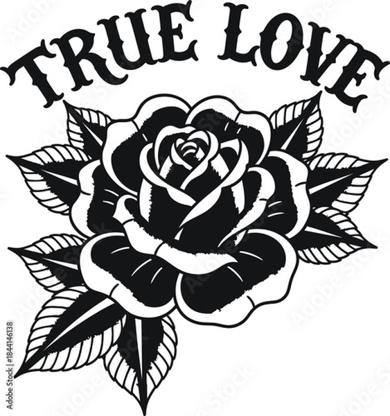 Fototapeta Rose flower and heart vector illustration with True Love text for tattoo and romance themes on a transparent background.
