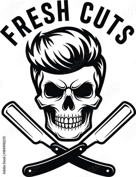 Fototapeta Skull with pompadour hair vector illustration with Fresh Cuts text for retro barber shop branding on a transparent background.