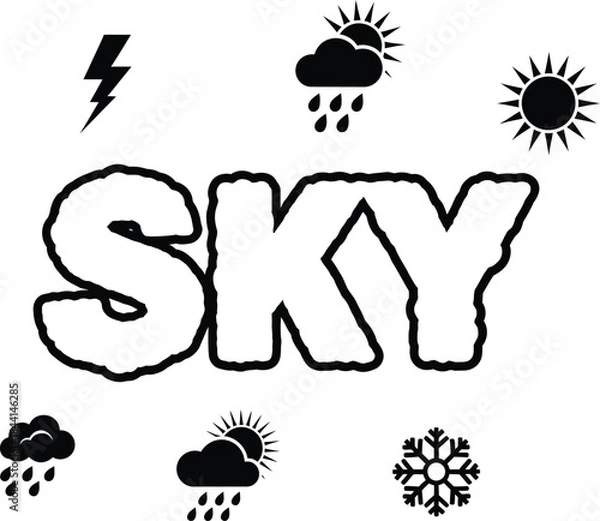 Fototapeta Sky typography with weather elements icon for nature logo design, black and white vector climate badge, sun cloud rain emblem and isolated meteorology graphic illustration