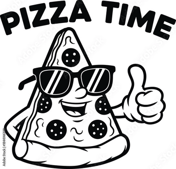 Fototapeta Slice of pepperoni pizza vector illustration with Pizza Time text for fast food menu designs on a transparent background.