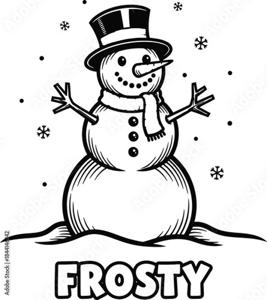 Fototapeta Winter snowman character vector illustration with Frosty text for Christmas holiday greeting cards on a transparent background.