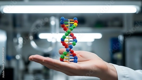 Fototapeta Hand Holding Colorful DNA Helix Model