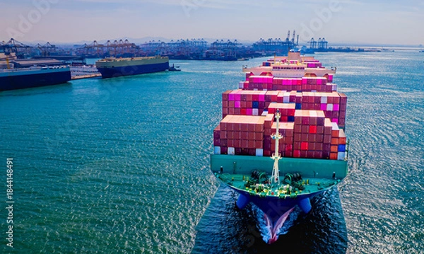 Fototapeta container ship, fully loaded with goods, sails out to sea, delivering products to various locations