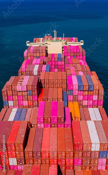 Fototapeta container ship, fully loaded with goods, sails out to sea, delivering products to various locations