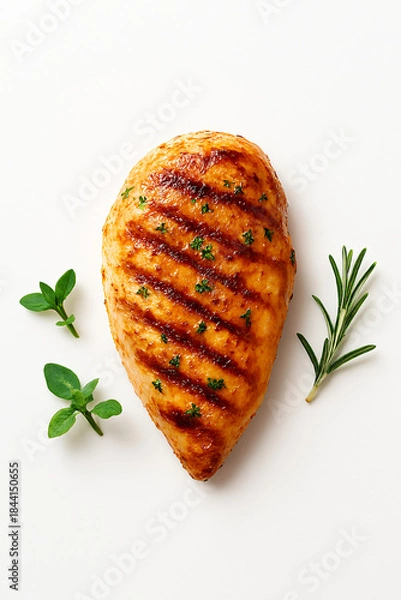 Obraz Grilled Chicken Breast with Herbs on White Background