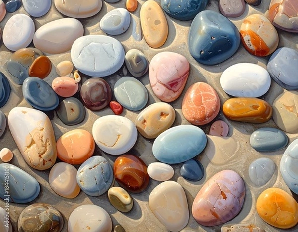 Fototapeta Close-up of smooth, colorful pebbles in a mosaic-like arrangement
